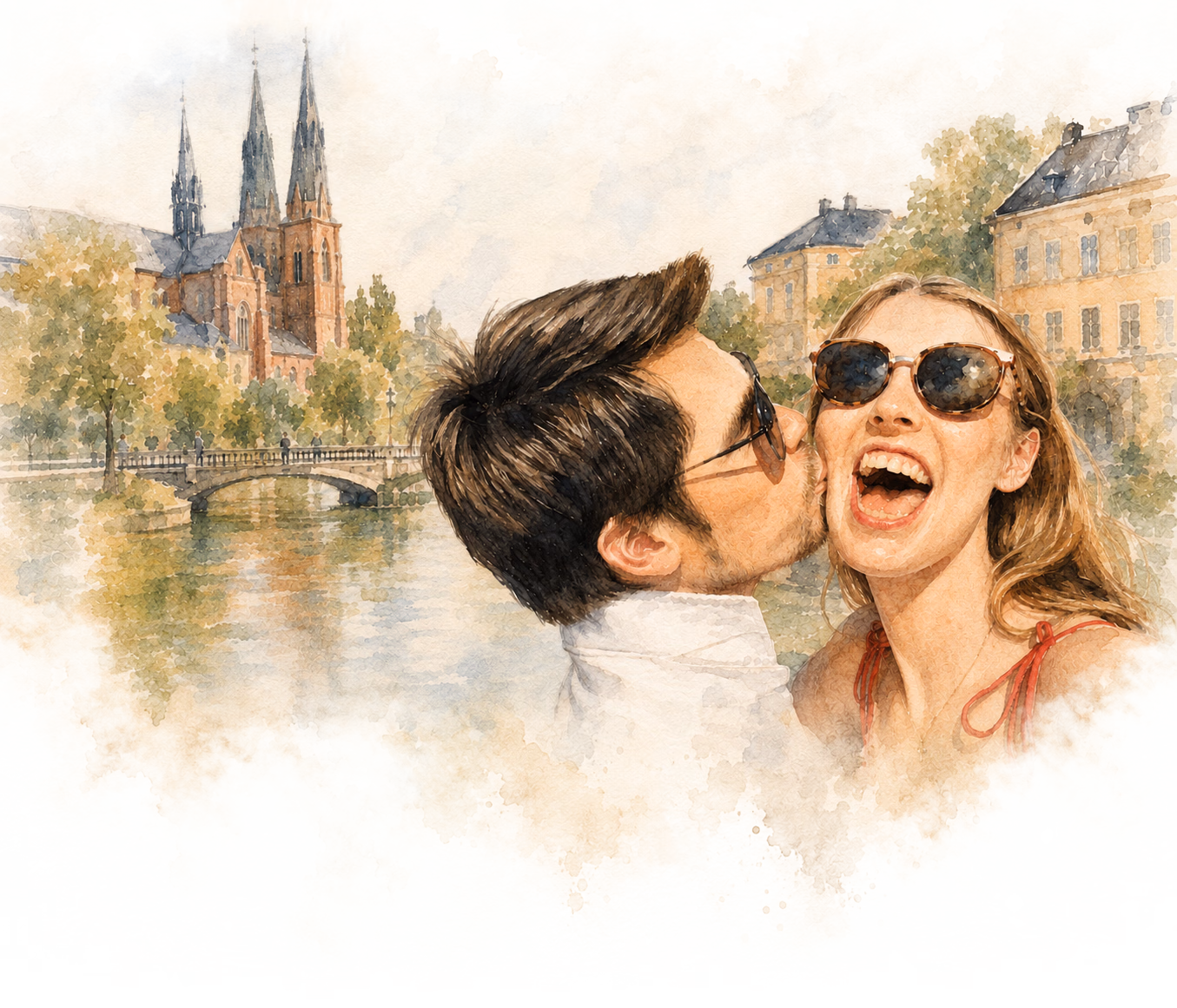 Watercolor of the couple by Uppsala cathedral